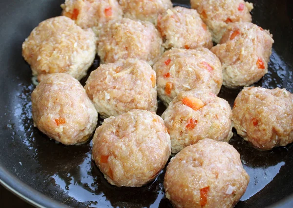 Lean Ground Turkey Meatballs Cooking Skillet — Stock Photo, Image