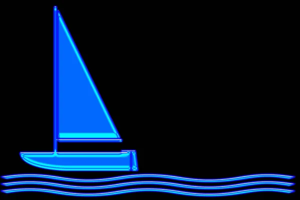 Abstract Blue Neon Sailboat Bright Blue Waves Isolated Black Background — Stock Photo, Image