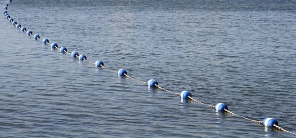 平静的湖水上一串蓝色和白色的浮标 用作边界标记以限制游泳区域 — 图库照片