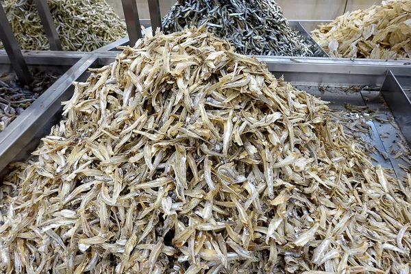 Ikan bilis dried anchovies fish selling at market in Johor Bahru, Malaysia.