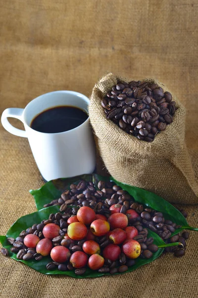 Närbild Kaffe Och Färska Råa Kaffebönor Med Blad Konsistens Bakgrund — Stockfoto