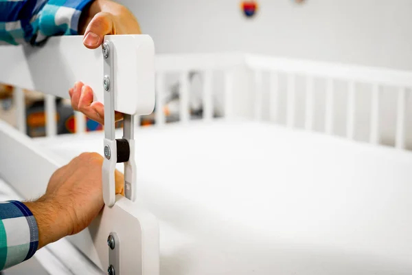 Construction Bed Children Putting Protective Railing Bed Role Father Child — Stock Photo, Image