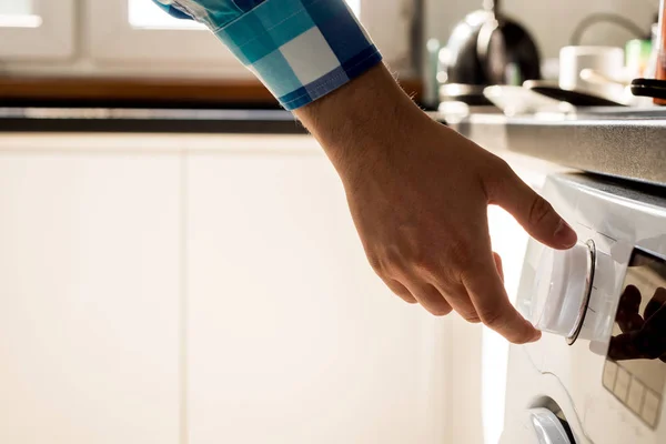 Doing Laundry Man Does Washing Washing Machine Cleaning Clothes Unusual — Stock Photo, Image