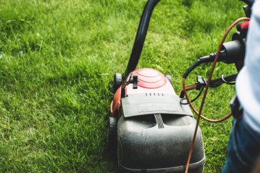 Çim biçme. Bahçıvan çim ile kırmızı bir elektrik biçme mows. Bahçe, bahar temizliği işe. Bahçe ve çim bakımı.