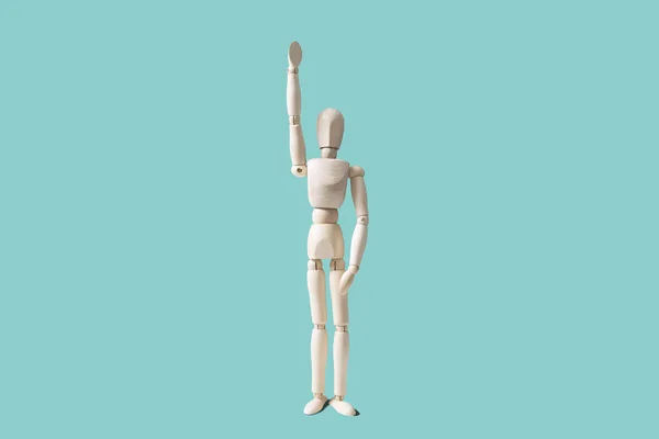 Wooden Mannequin Pose Standing Raised Hand Wooden Model Raised Hand — Stock Photo, Image
