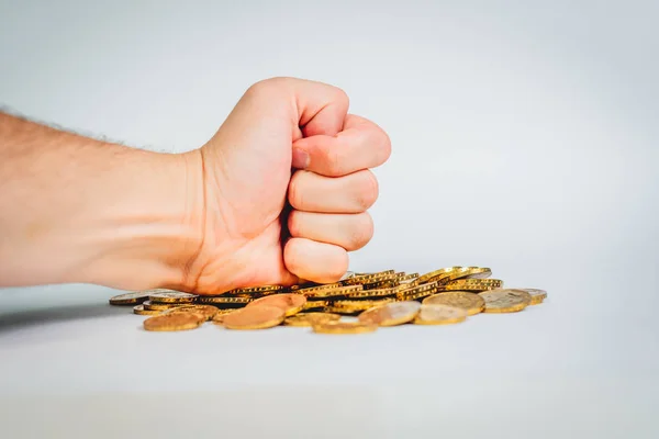 Hand Met Gouden Munten Concept Belastingbetaler Bedrijfsconcept Zijn Gouden Munten — Stockfoto