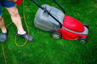 Çim biçme üzerinde yukarıdan. Bahçıvan çim ile kırmızı bir elektrik biçme mows. Bahçe, bahar temizliği işe. Bahçe ve çim bakımı.
