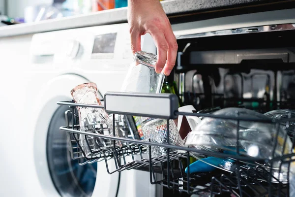 Washing Dishes Dishwasher Man Puts Dirty Dishes Dishwasher Opening Closing — ストック写真
