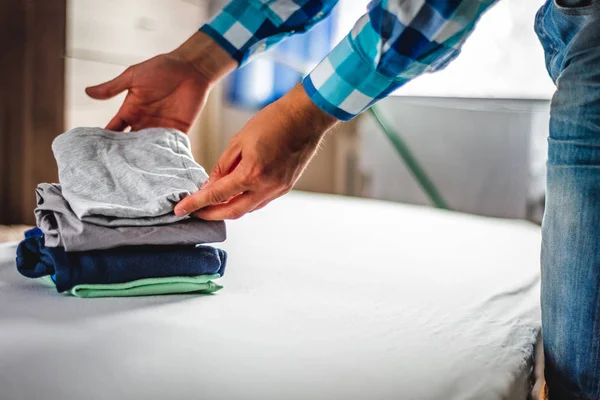 Folding Clothes Child Man Non Stereotypical Role Father Arranges Organizing — Stock Photo, Image