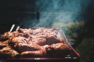 Görünümü ile tavuk ızgara. Tavuk ve sosis ızgara yandı. Grill'de aile ile birlikte vakit. Sosyal toplantılar, arkadaşlar. Odun ve kömür ile kırmızı kiremit.
