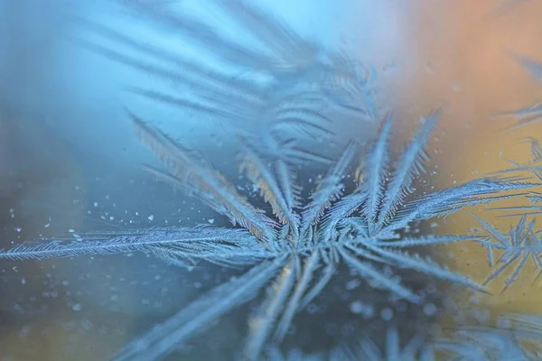 Close Snowflakes Frozen Glass — Stock Photo, Image