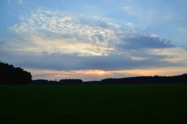 Ufukta pembe ve mor bulutlar ve havada yaz sıcağı ile bir orman üzerinde bulutlar gökyüzünde gün batımı 