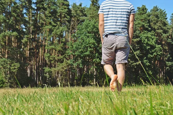 Close-up on the feet - man is walking in the summer through a green meadow