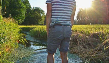 Ayaklarda yakın çekim - ormanda çakıl bir yol boyunca yürür ve yazlık sıcaklıklarda doğada rahatlatır