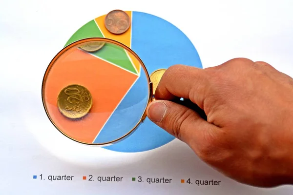 Man pointing with magnifying glass at a statistics