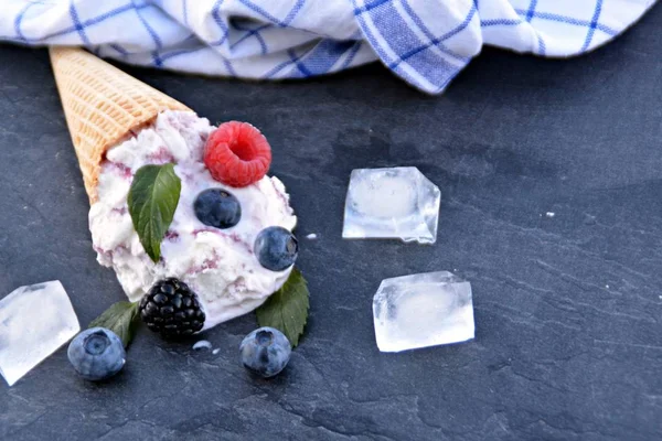 신선한 열매와 민트와 아이스크림 공으로 아이스크림 맛있는 아이스크림과 시원한 모험을위한 — 스톡 사진