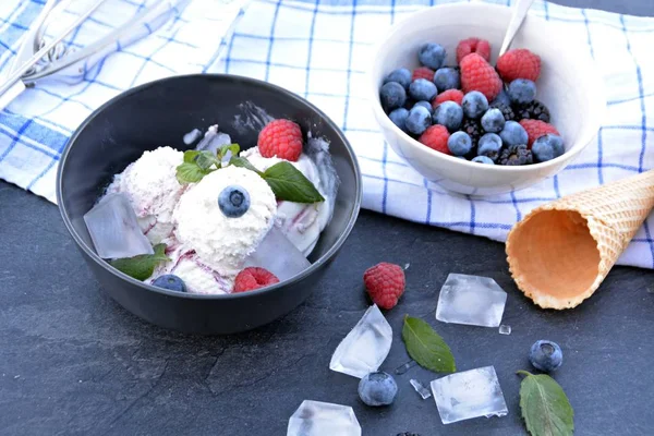 Dark Bowl Full Wild Berry Ice Cream Balls Mint Leaves — Stock Photo, Image