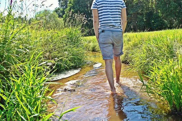 Close-up on the feet - man slowly walks with his feet into a small pond with plants in it to refresh himself from the warm summer day