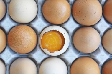Otuzlu bir petek yumurta birkaç yumurta yatıyordu, bir açık ve yumurta sarısı görünür-bir yumurta kutunun geri kalanı farklıdır çünkü kırık-yumurta ile bireysel diyet kavramı