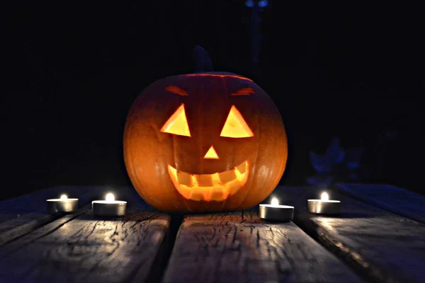 Spooky Little Halloween Pumpkin Glowing Dark — Stock Photo, Image