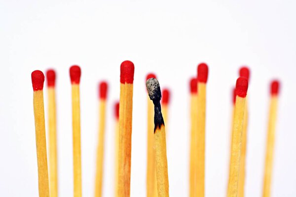 A burned match stands against a white background, next to it and behind are intact matches with a red heads. Concept for burnout and exhaustion