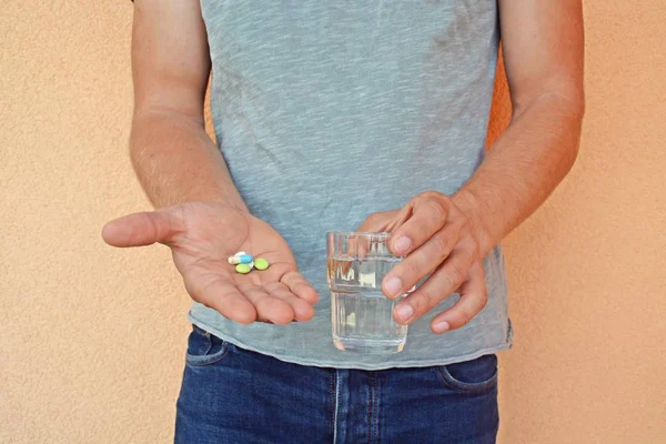 Man Holding Pills Glass Water — Stock Photo, Image