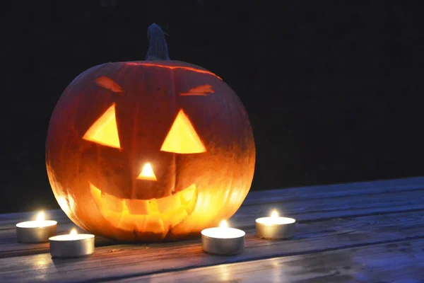 Spooky Little Halloween Pumpkin Glowing Dark — Stock Photo, Image