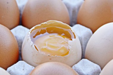 Otuzlu bir petek yumurta birkaç yumurta yatıyordu, bir açık ve yumurta sarısı görünür-bir yumurta kutunun geri kalanı farklıdır çünkü kırık-yumurta ile bireysel diyet kavramı