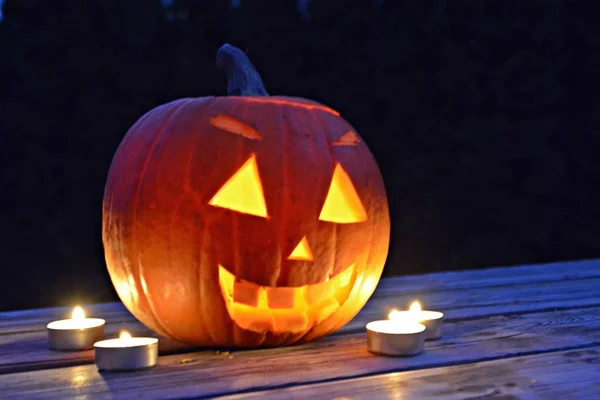 Spooky Little Halloween Pumpkin Glowing Dark — Stock Photo, Image