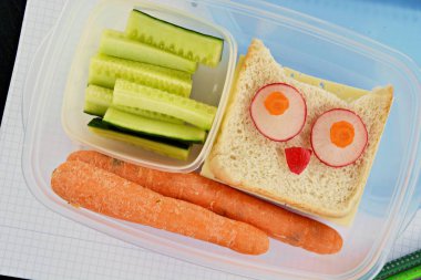Sebze ve baykuş tost dolu bir mola ekmek kutusu