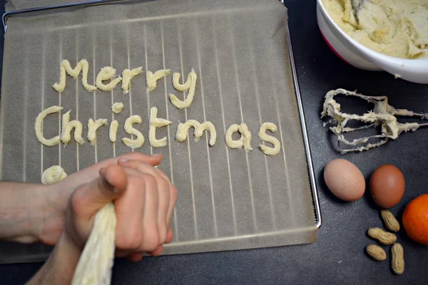 Baking Shortbread Christmas Write Merry Christmas Dough — Stock Photo, Image