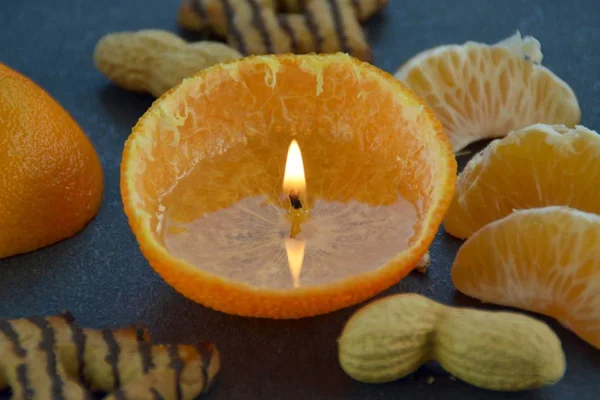 Kerst Tabel Setting Met Tangerine Kaars — Stockfoto