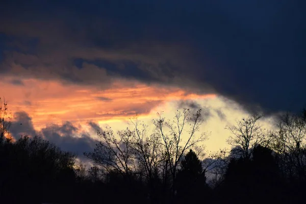 Coucher Soleil Sur Ciel Nuageux Dessus Une Forêt Avec Des — Photo