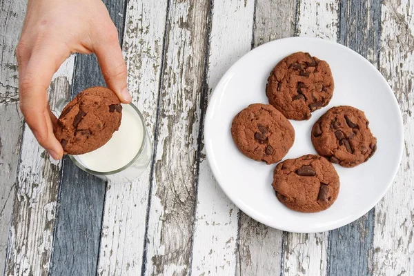 eat cookies and drink milk - close up from above