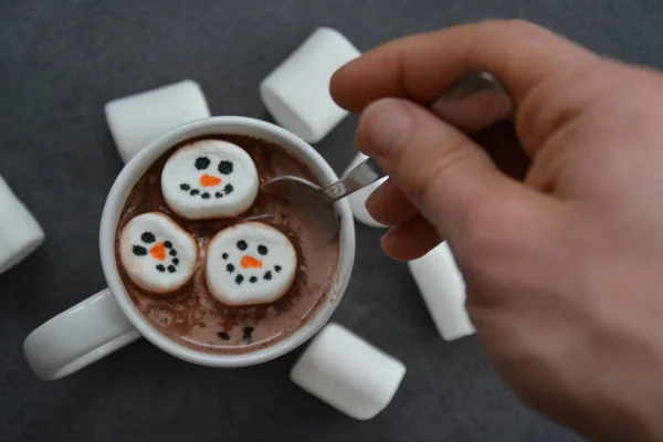 Cup Full Cacao Snowman Marshmallows — Stock Photo, Image