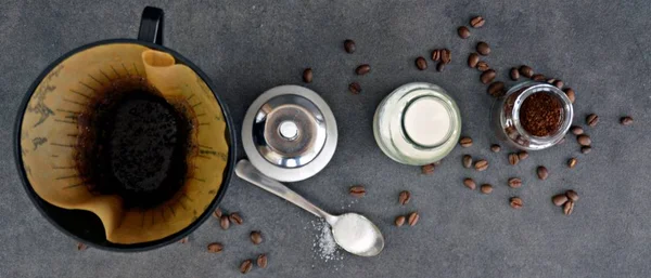 Café Dans Une Tasse Avec Lait Sucre Côté — Photo