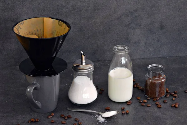 Café Una Taza Con Leche Azúcar Lado — Foto de Stock