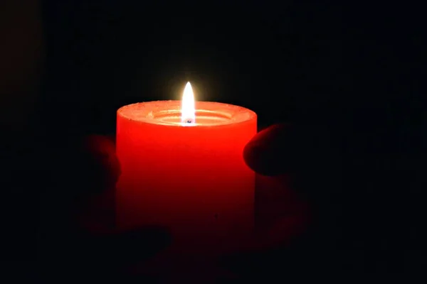 Holding Red Candle Dark Close — Stock Photo, Image