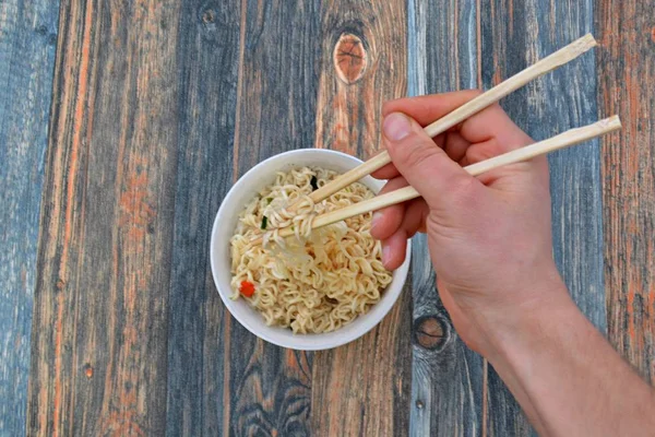 Chinese Instant Noodle Soup Bowl Wooden Table — Stock Photo, Image