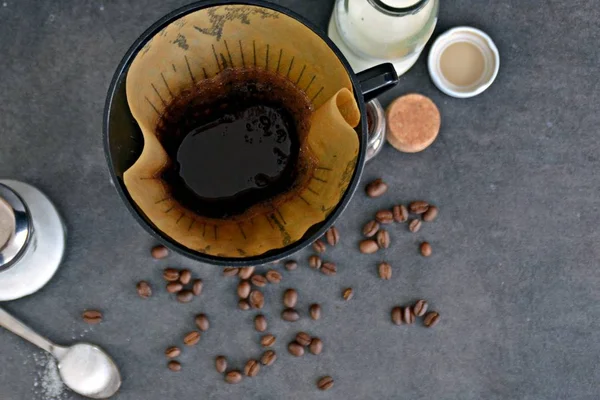 Café Una Taza Con Leche Azúcar Lado — Foto de Stock