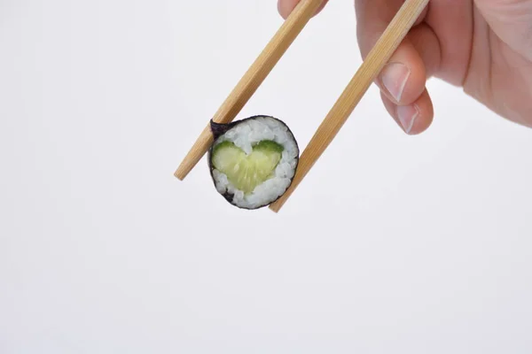 Eat Heart Shaped Sushi Cucumber Chopsticks Close Symbol Being Love — Stock Photo, Image