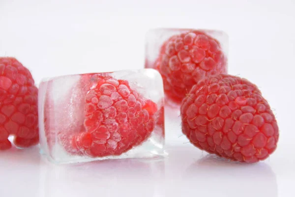 Raspberries Ice Cubes White Background — Stock Photo, Image