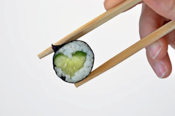 Eat Heart Shaped Sushi Cucumber Chopsticks Close Symbol Being Love — Stock Photo, Image