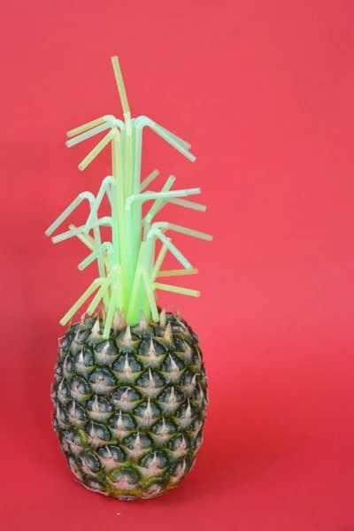 菠萝的绿色被塑料吸管所取代 这个概念表明塑料在自然界中已经有多少 在单色背景下的艺术 — 图库照片