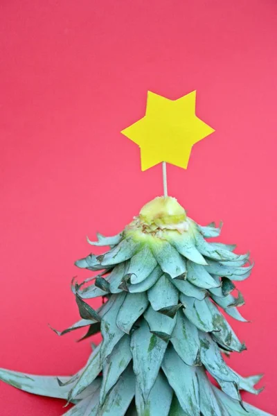 パイナップルの茎は 上に黄色の星を持つクリスマスツリーになります モノクロの背景の前にテキストや要素のためのスペースを持つクリスマスのためのコンセプト — ストック写真