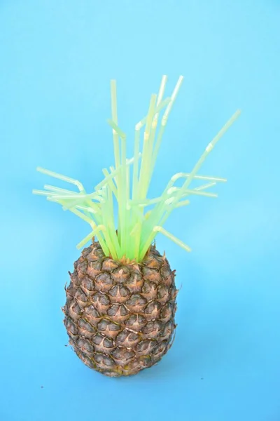 The green of the pineapple is replaced by plastic straws - a concept that shows how much plastic is already in nature - art against a monochrome background