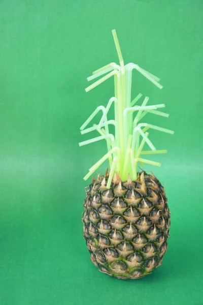 The green of the pineapple is replaced by plastic straws - a concept that shows how much plastic is already in nature - art against a monochrome background