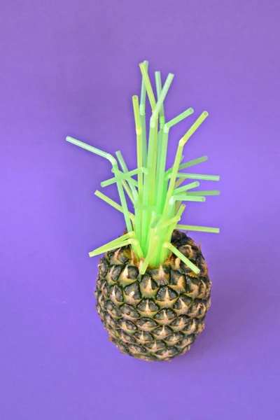 The green of the pineapple is replaced by plastic straws - a concept that shows how much plastic is already in nature - art against a monochrome background