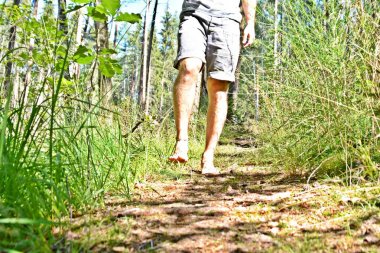 Ayaklarda yakın çekim - ormanda çakıl bir yol boyunca yürür ve yazlık sıcaklıklarda doğada rahatlatır