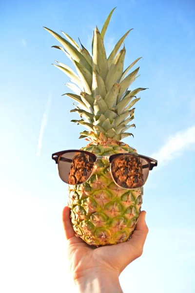 Hålla Ananas Med Solglasögon Handen — Stockfoto